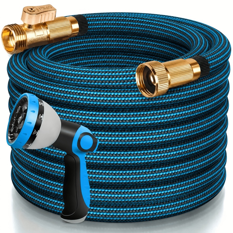 Blue and black LOVFEN braided garden hose with brass fittings and spray nozzle