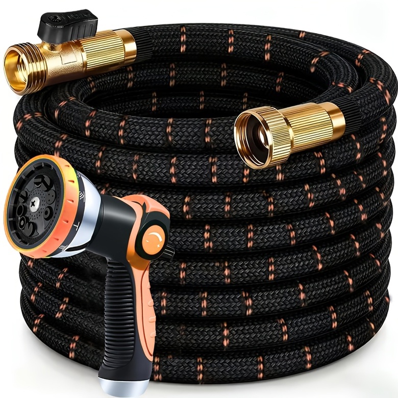 Black and orange LOVFEN lightweight garden hose with brass fittings and 10-pattern spray nozzle